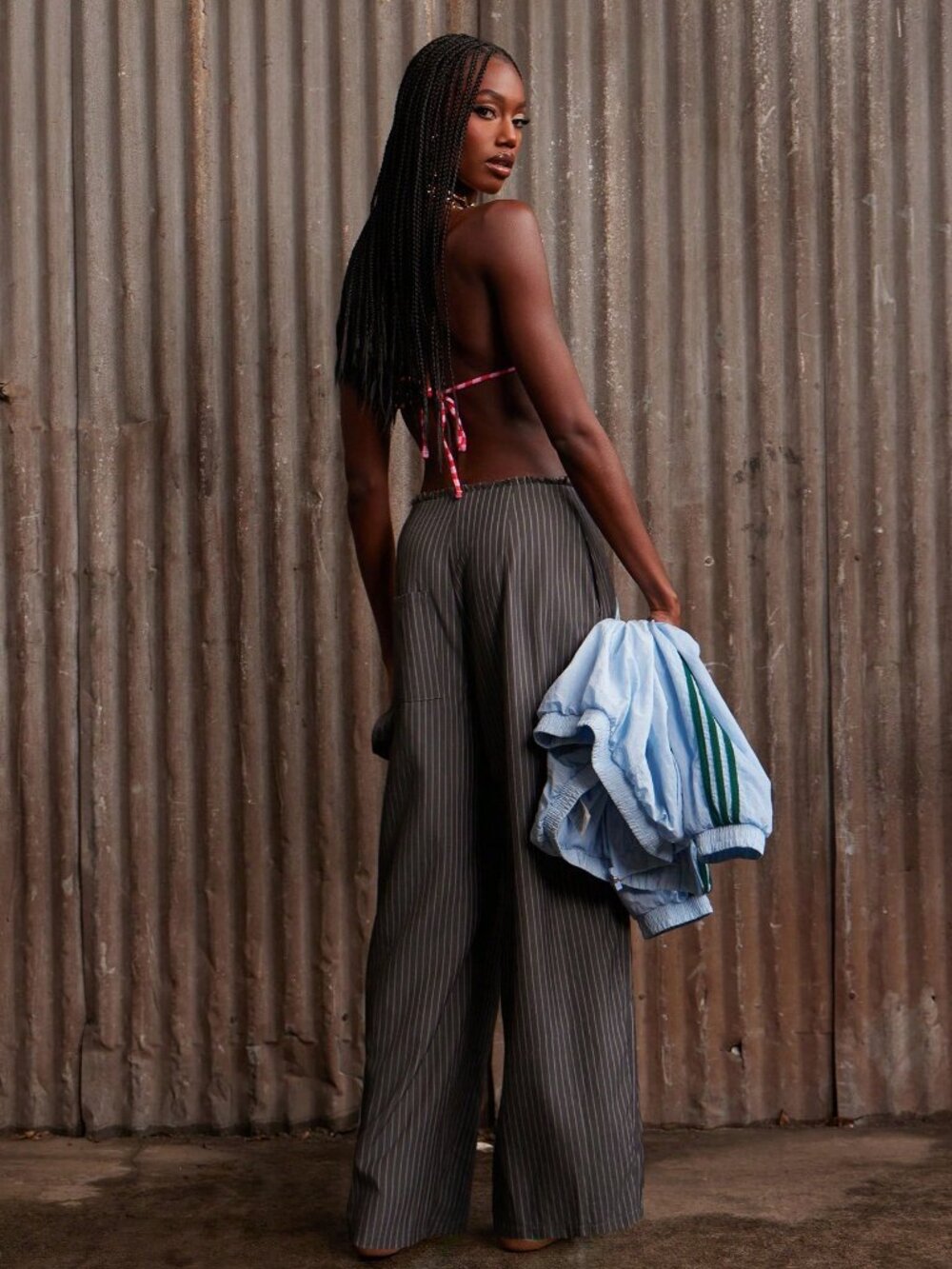 Dark Grey Casual Women's Long striped Wide-Leg Pants - Picture 7 of 7